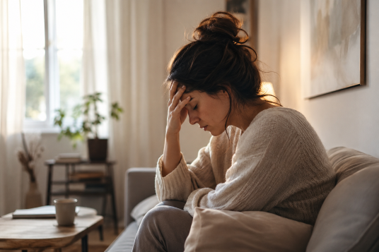 Mujer sosteniendo tensión emocional y cansancio acumulado