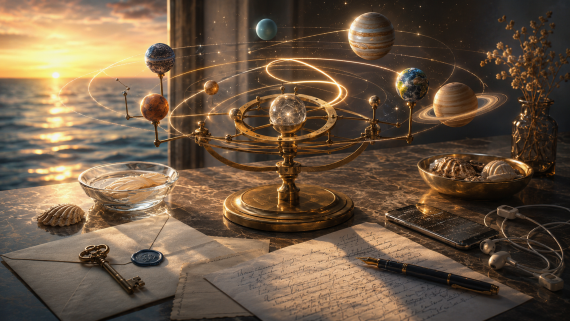 Imagen simbólica de Mercurio retrógrado 2026 con varios planetas visibles en órbita, trazos de luz y una atmósfera cálida y luminosa. La escena transmite la idea de revisión, introspección, comunicación y pausa consciente, temas asociados a este tránsito astrológico.